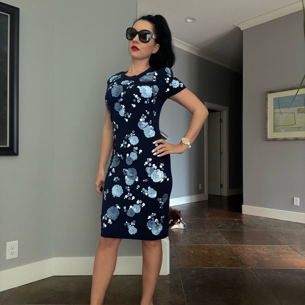 Michael Kors Blue Sheath Midi Dress Short Sleeve Crew Neck